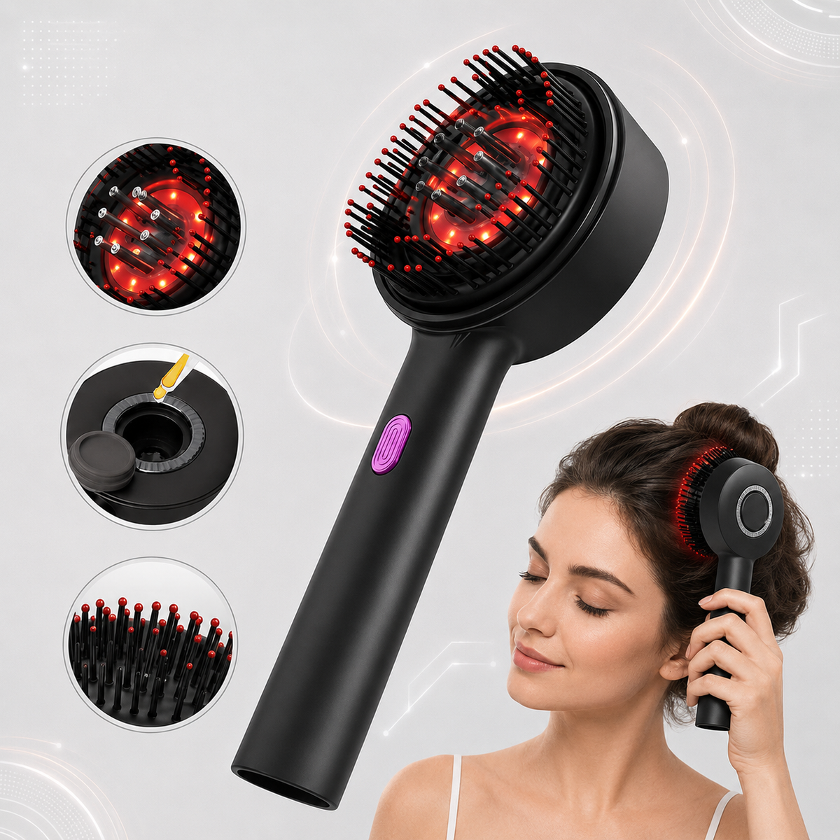 Masajeador Capilar Eléctrico con Luz Roja LED y Aplicador de Sérum